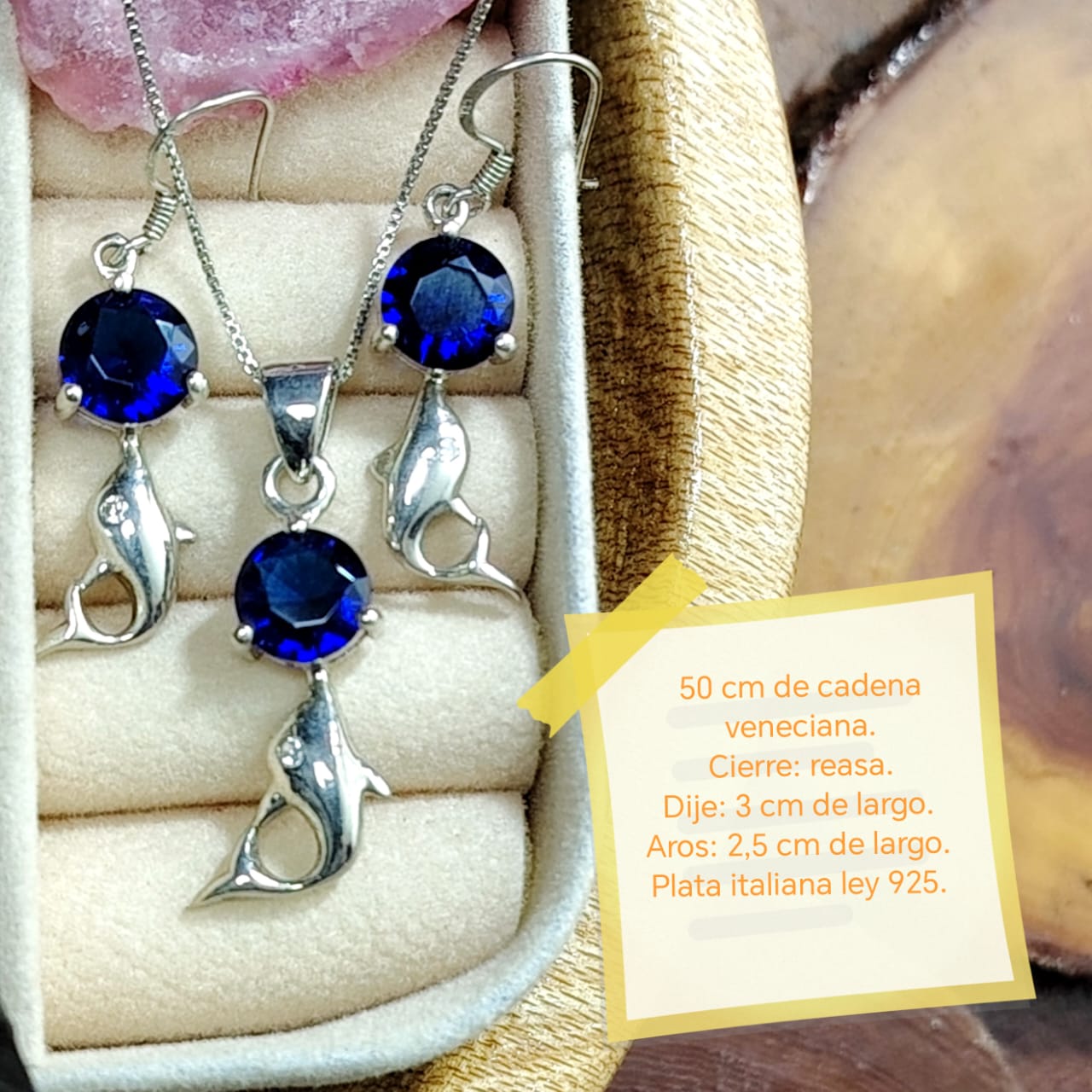 Conjunto de plata delfines con circón  azul