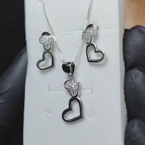 Conjunto de plata doble corazón incrustado con microcircones
