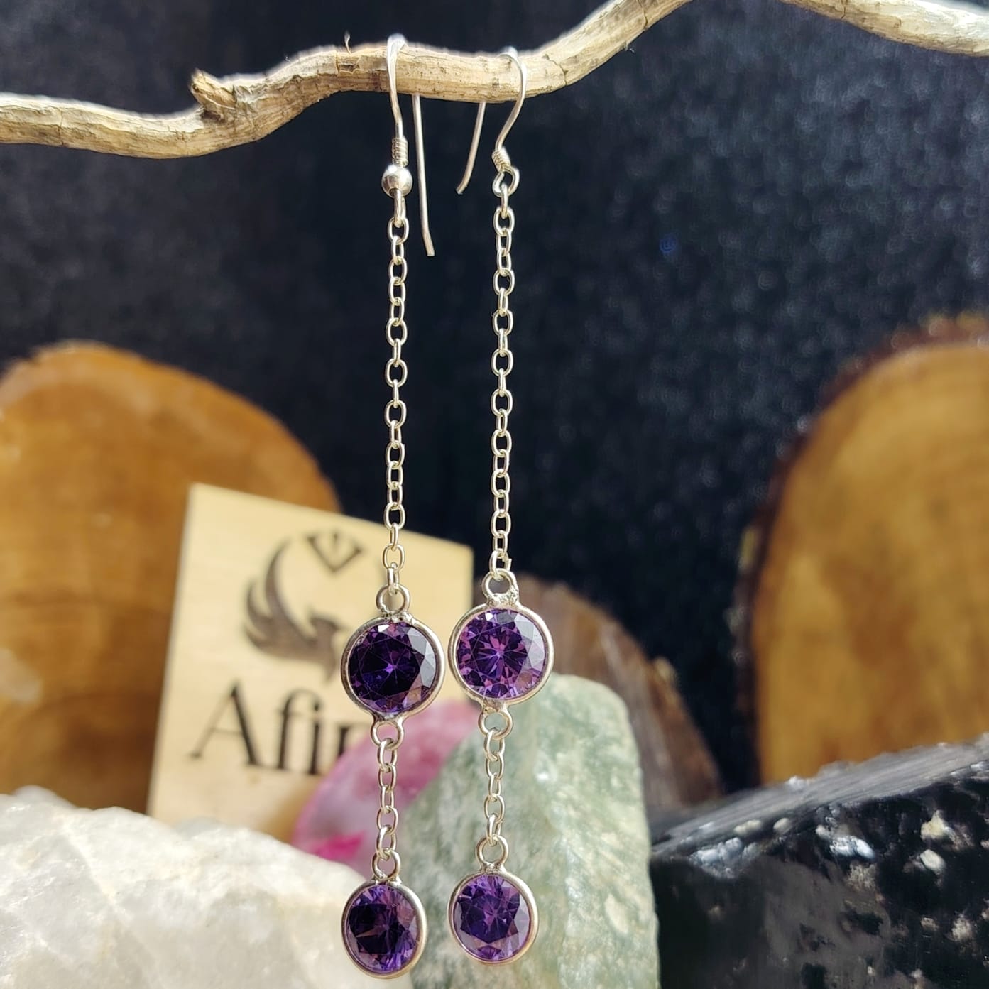 Aros largos con cristal doble amatista