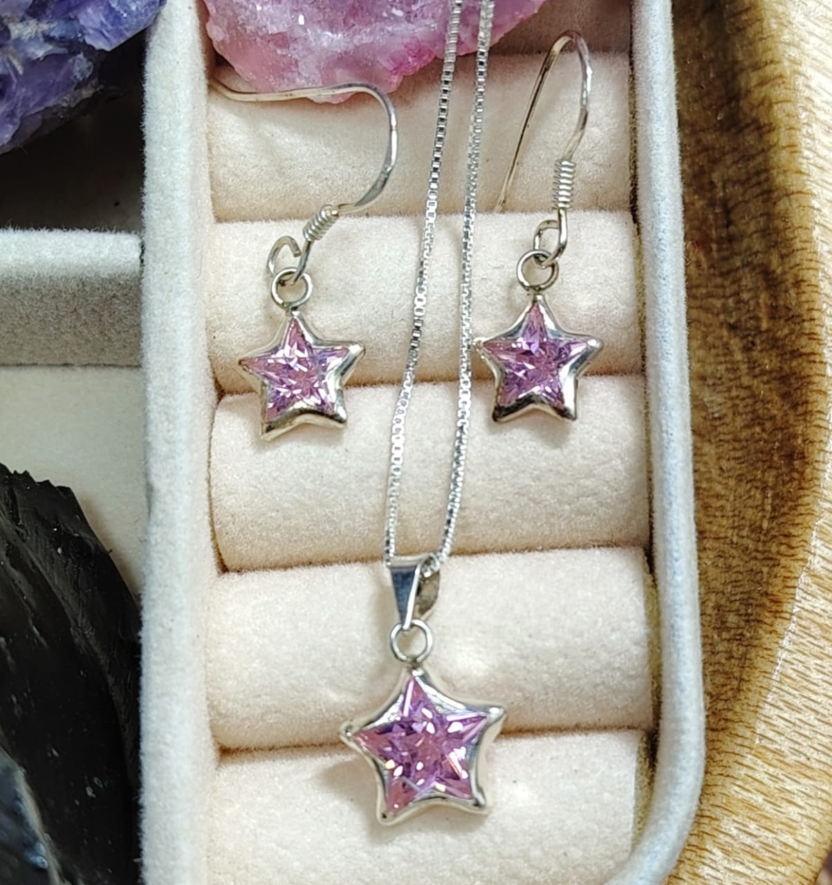 Conjunto de plata estrellas con cristal rosado