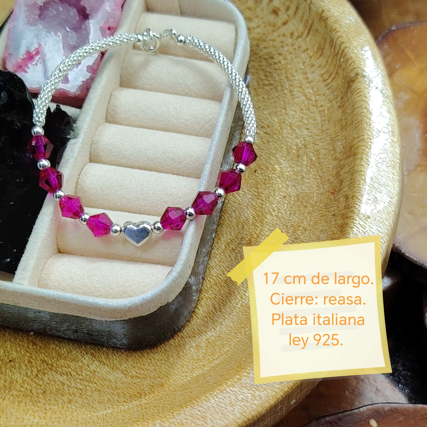 Pulsera cuencas de cristales rosados mas corazón