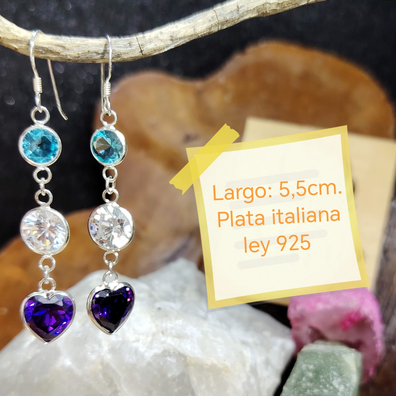 Aros triple cristal con terminación en corazón amatista