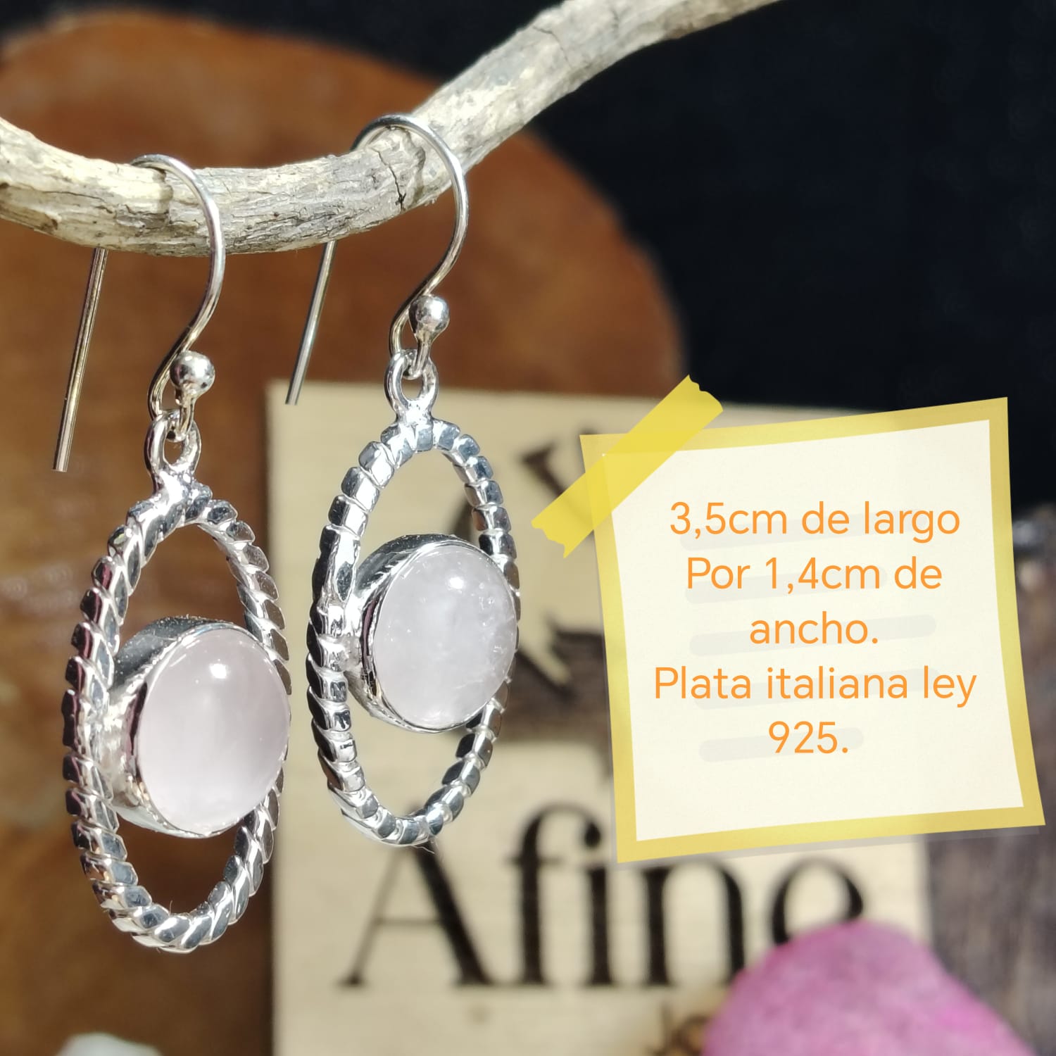 Aros largos con piedra natural cuarzo rosa