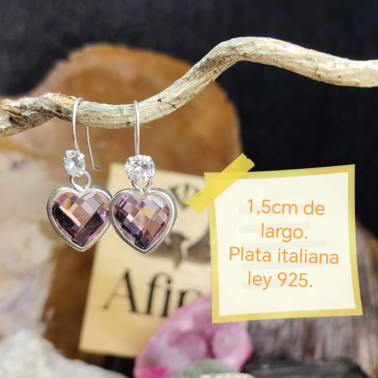 Aros semi largo corazón de cristal rosado