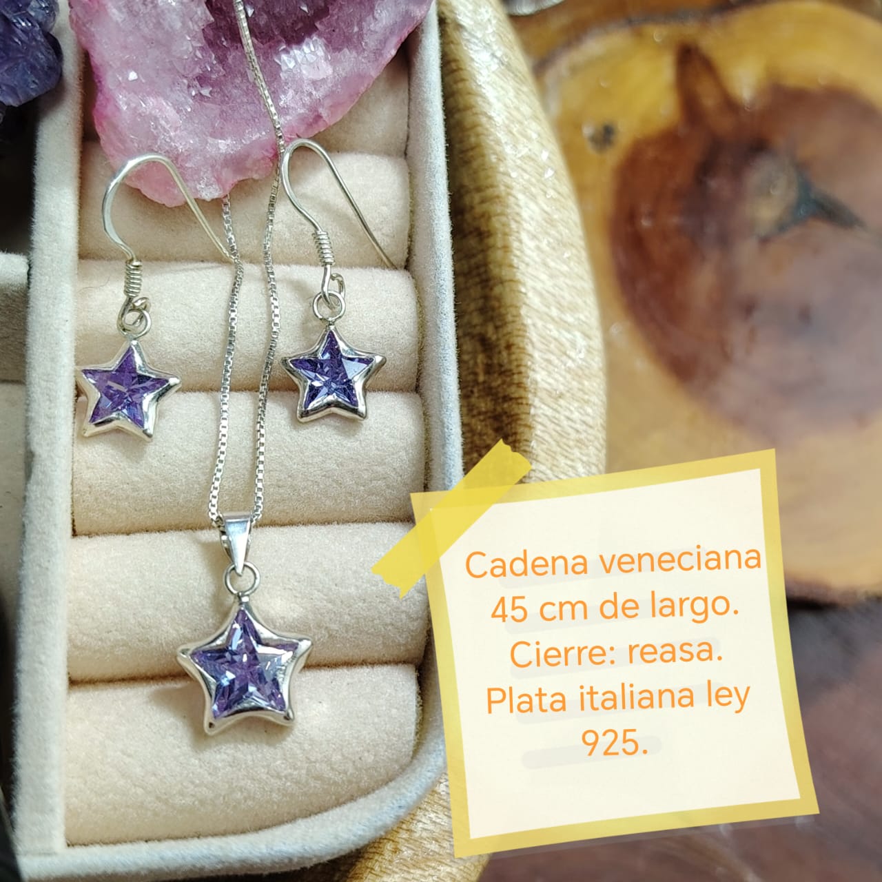 Conjunto de plata estrellas, cristal morado