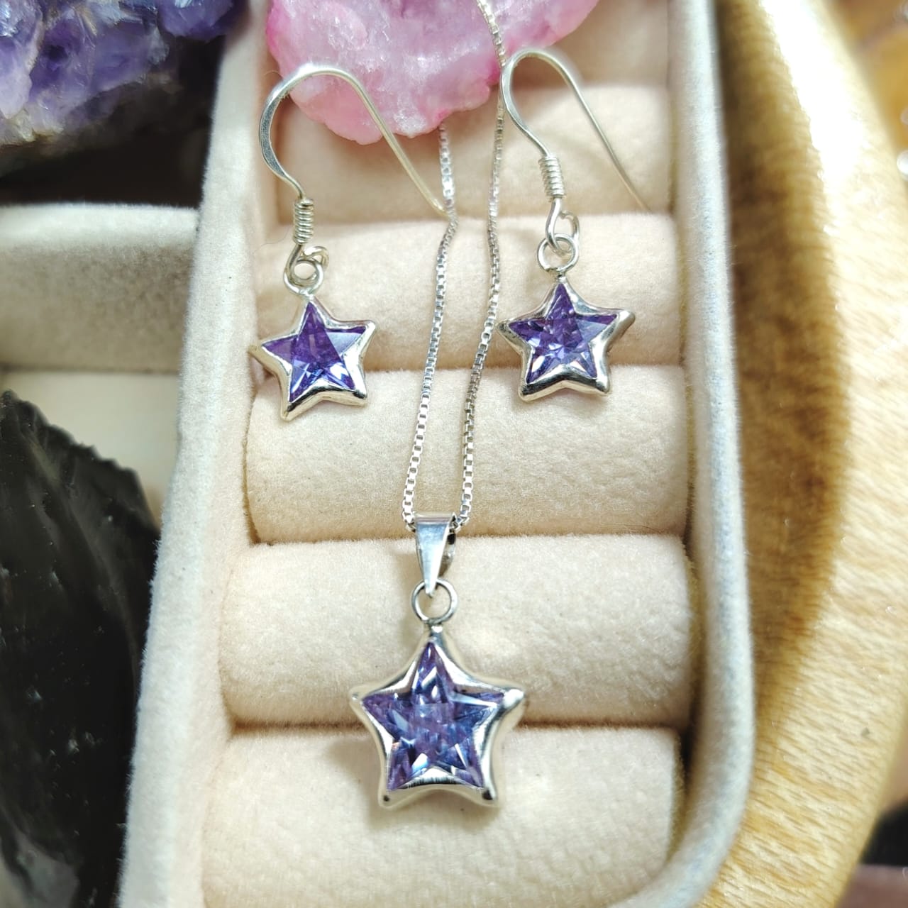 Conjunto de plata estrellas, cristal morado