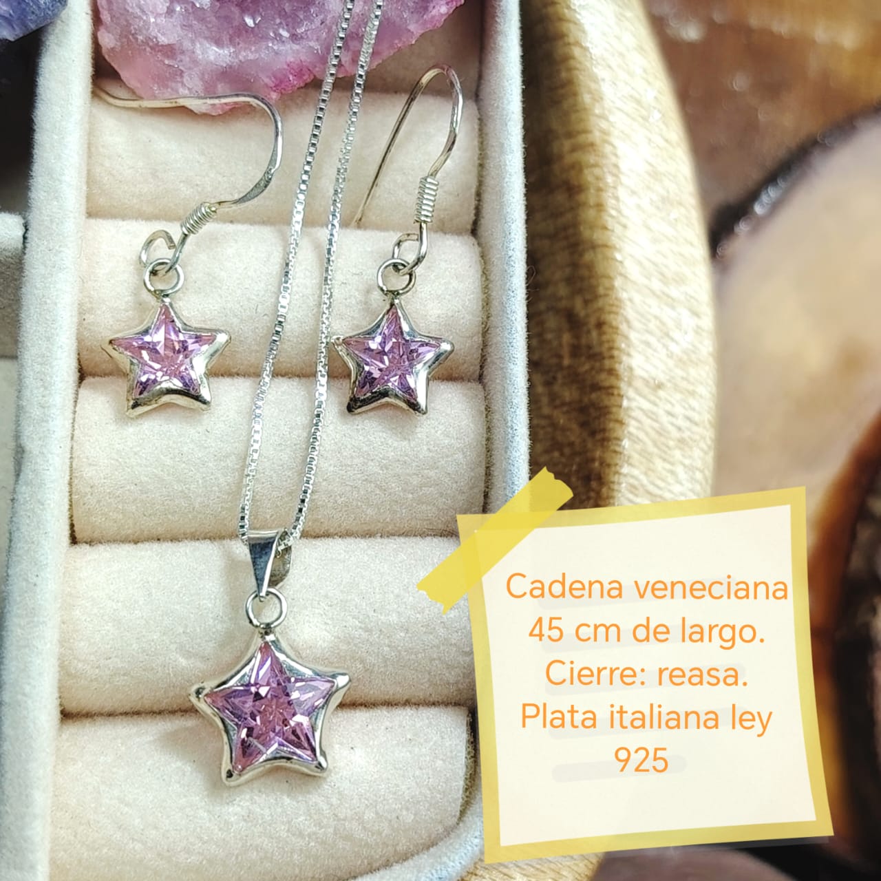 Conjunto de plata estrellas con cristal rosado