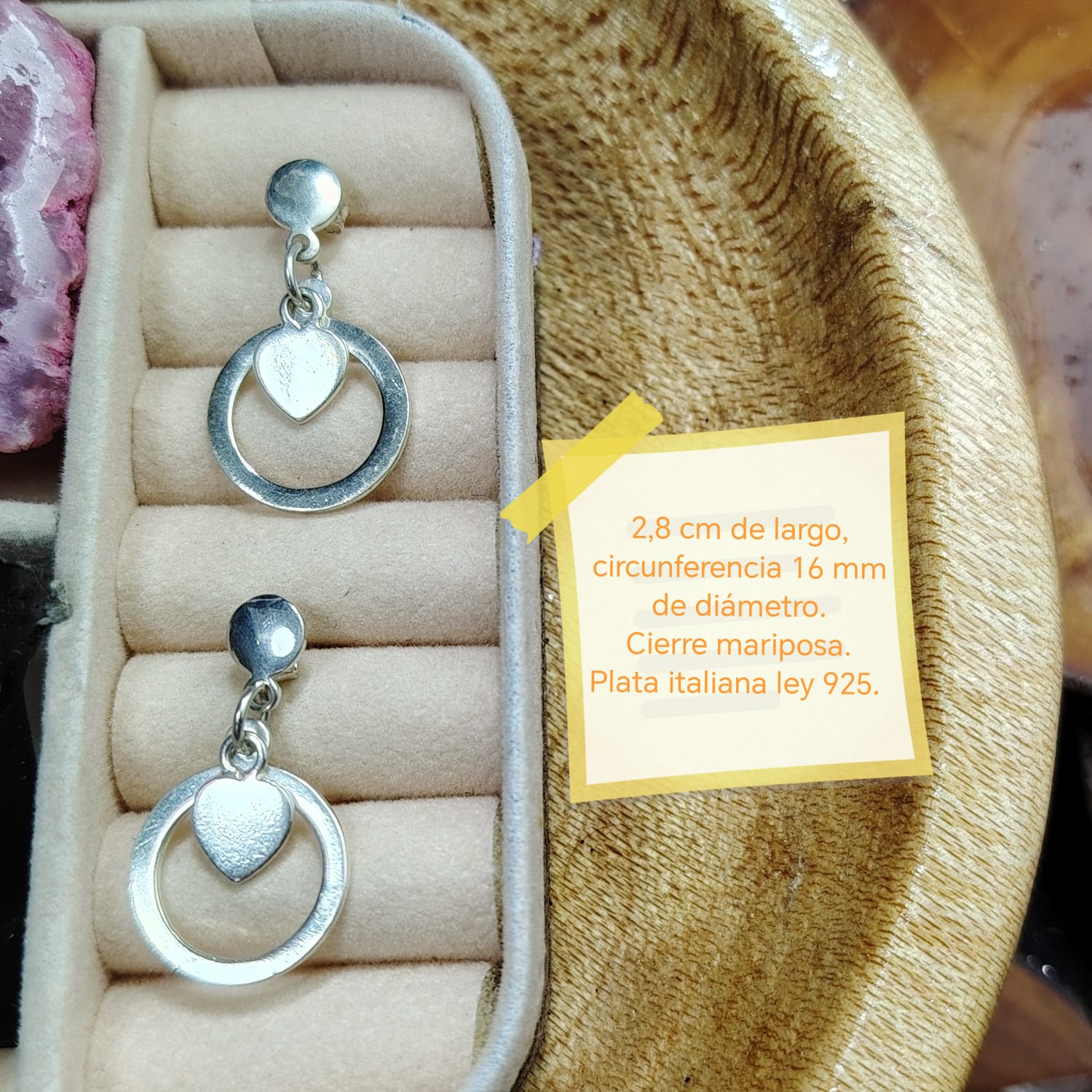 Aros pegados corazón mas circunferencia plata lisa