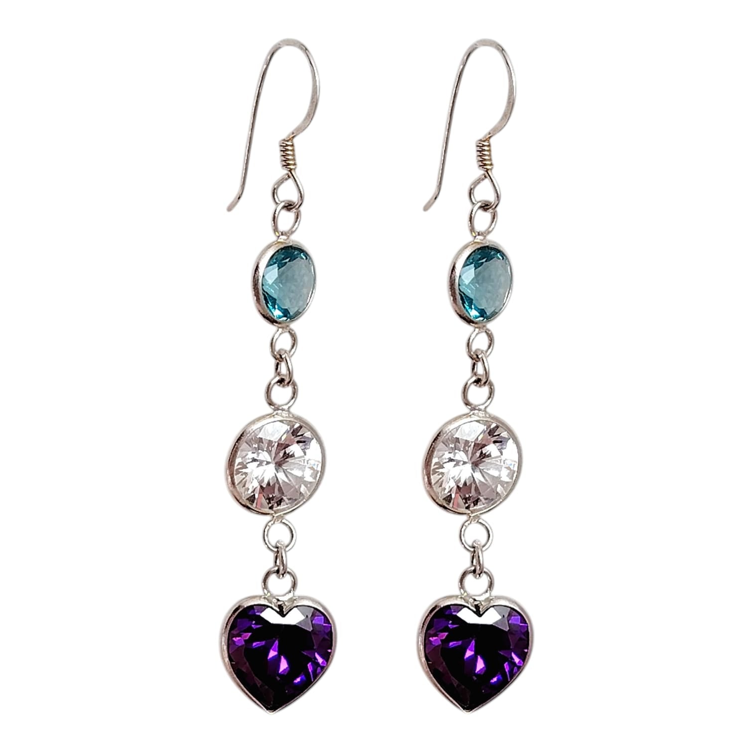 Aros triple cristal con terminación en corazón amatista