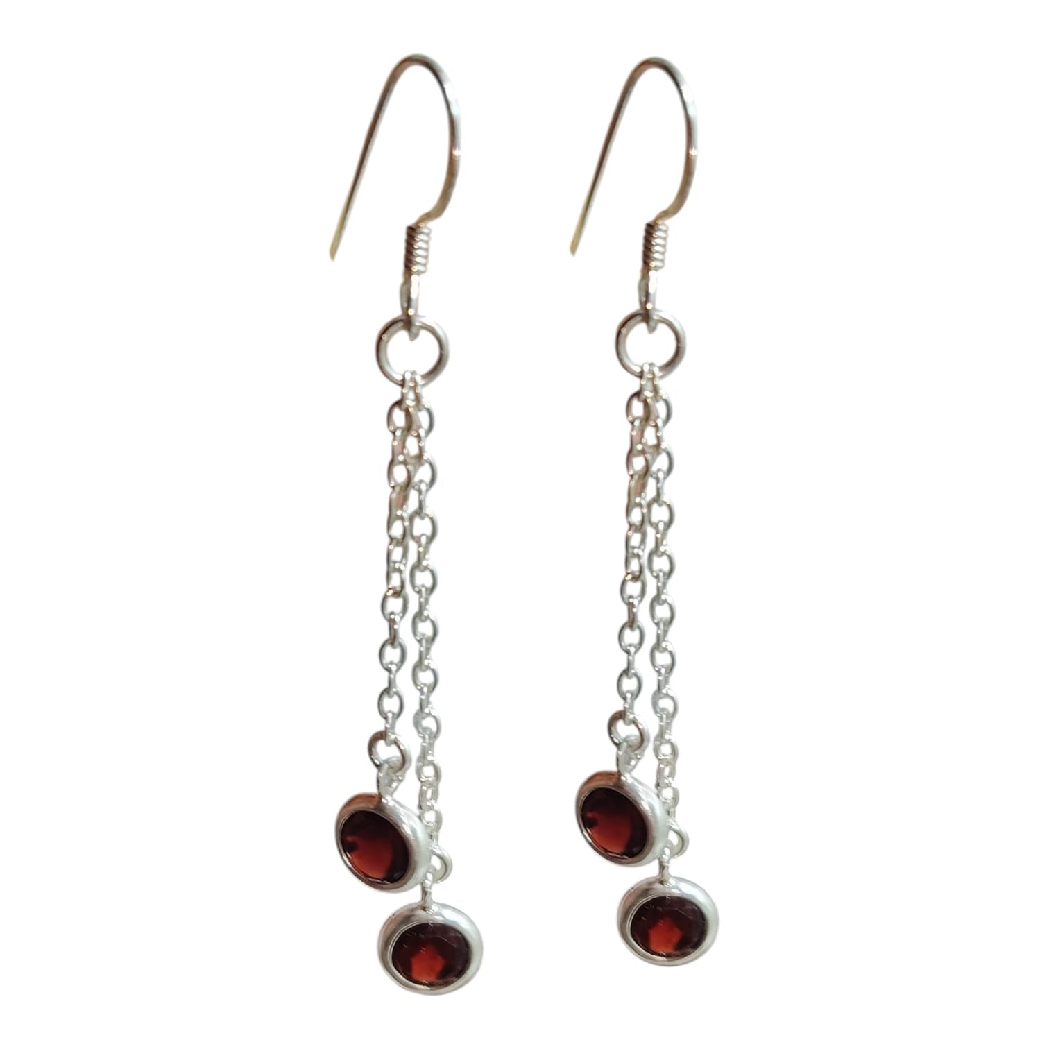 Aros largos doble cadena con terminación en cristales rojo oscuros