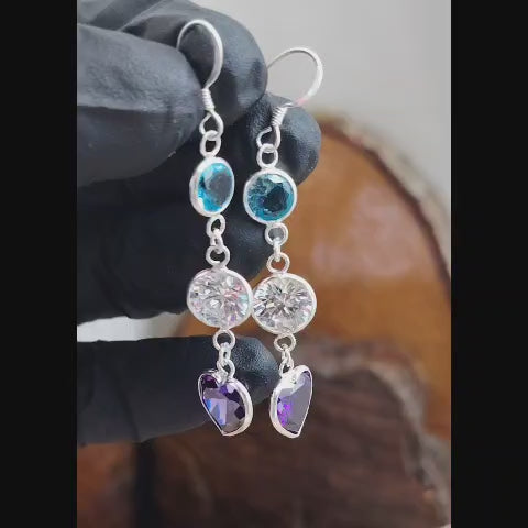 Aros triple cristal con terminación en corazón amatista