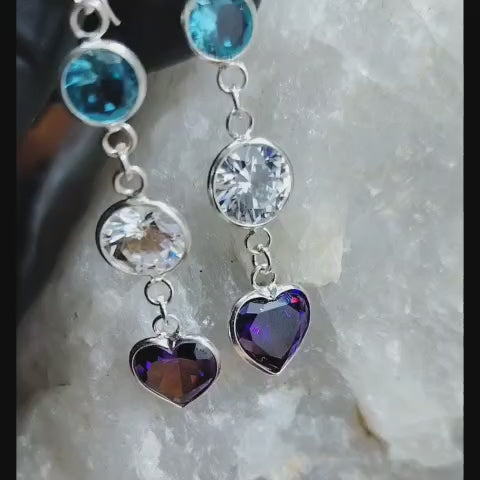 Aros triple cristal con terminación en corazón amatista