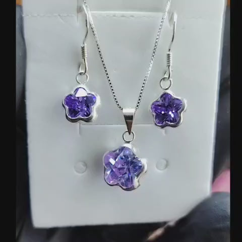 Conjunto de plata flores con cristal morado