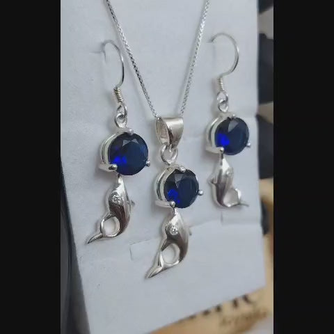 Conjunto de plata delfines con circón  azul