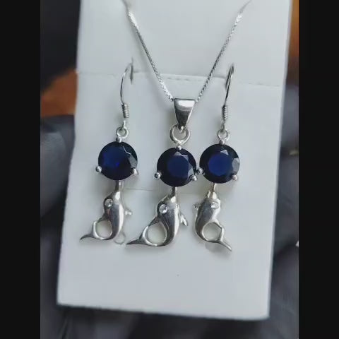 Conjunto de plata delfines con circón  azul